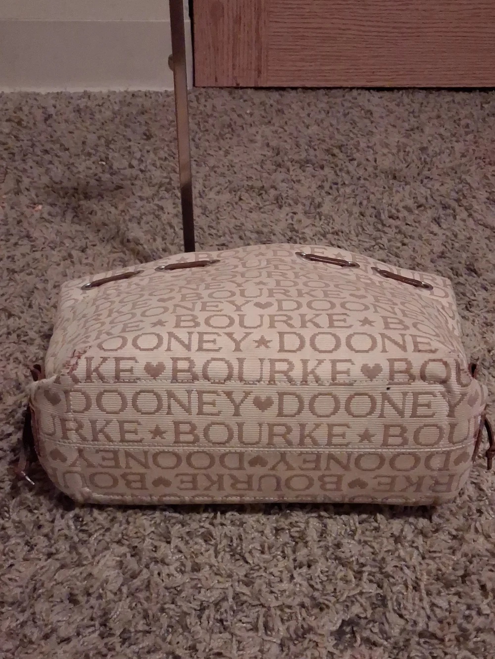 Dooney & Bourke Beige Logo Canvas Tote with Brown Leather Handles